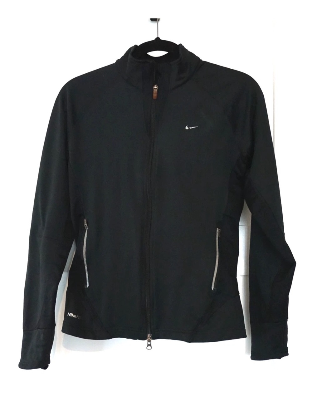Nike Womens FitDry Full Zip Running Layer Jacket Reflective Mock Black Medium